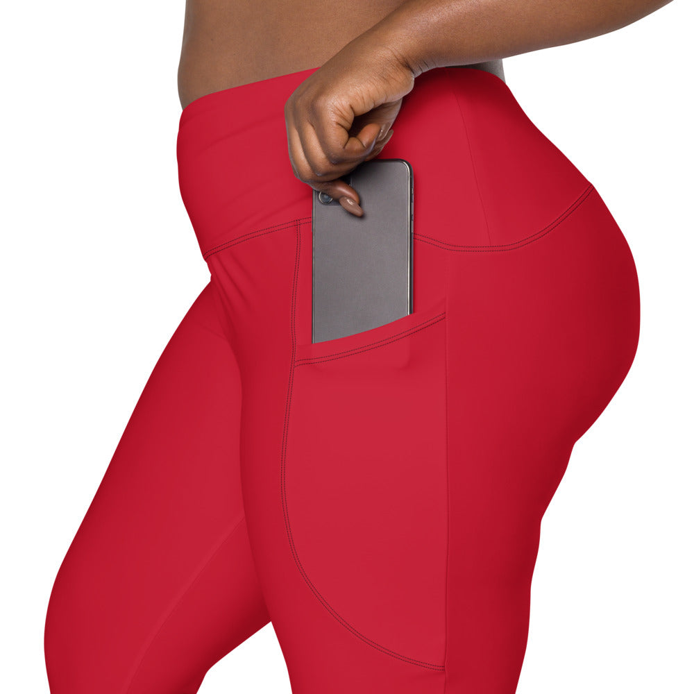 Women Red Crossover Leggings with Pockets