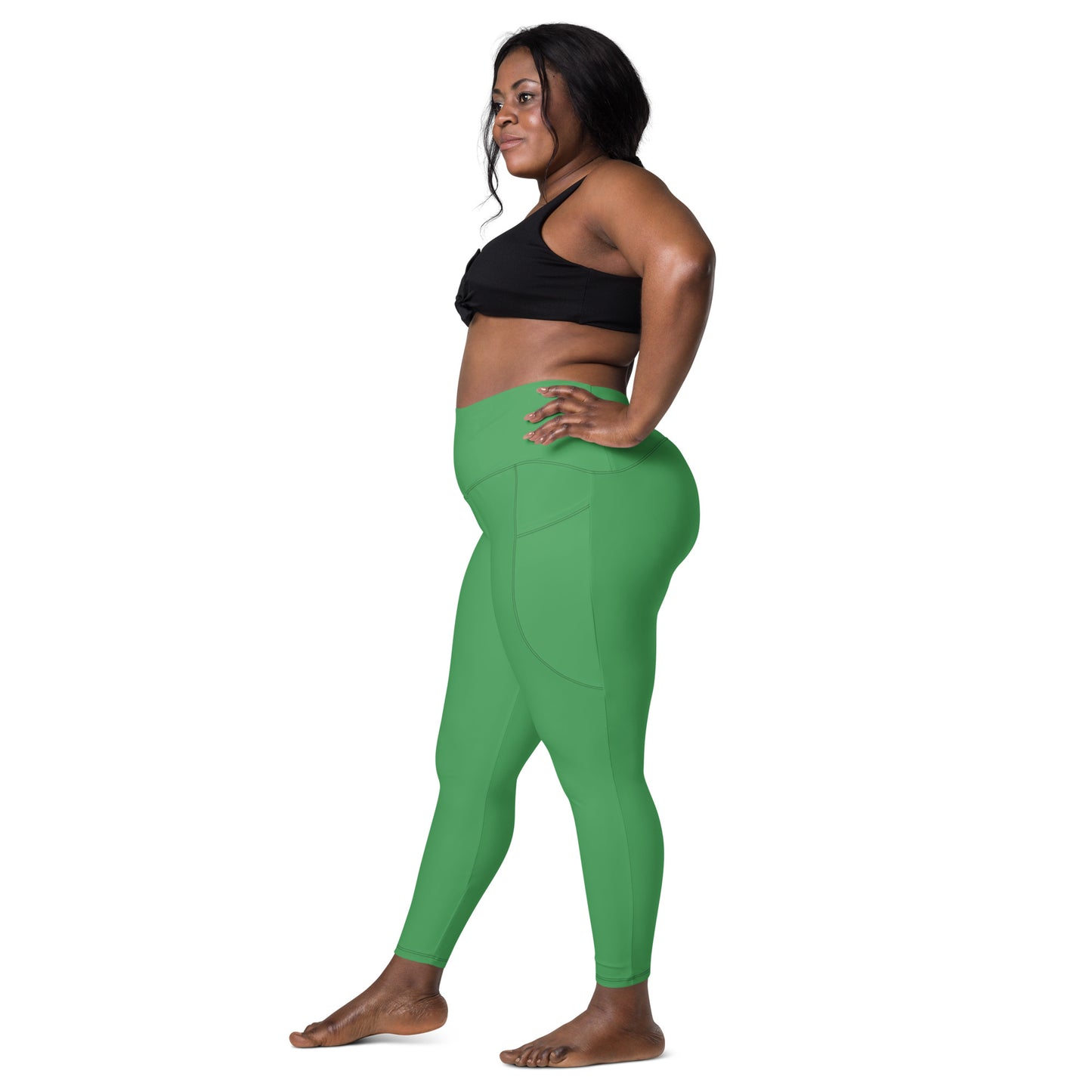 Women Green High Waist Leggings with pockets