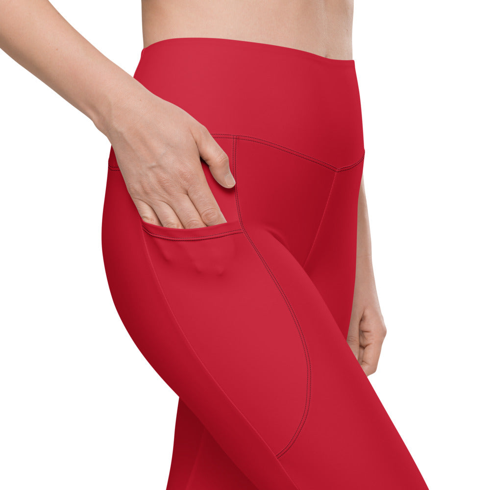 Women Red Crossover Leggings with Pockets